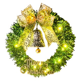 摩達客 金蔥彎絲聖誕花圈 + 20燈LED暖白光燈串, 時尚果綠系, 1個