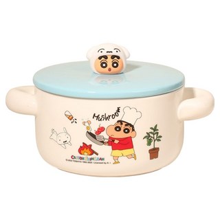 MTuTU 萌兔兔 蠟筆小新 陶瓷過家家附蓋雙耳湯碗 1L, 小白 + 藍色 + 白色, 1個