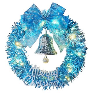 摩達客 金蔥彎絲聖誕花圈 + 20燈LED暖白光燈串, 夢幻土耳其藍系, 1個