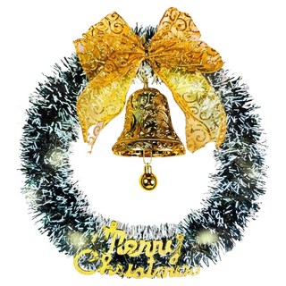 摩達客 金蔥彎絲聖誕花圈 + 20燈LED暖白光燈串, 風尚雅墨綠刷白系, 1個