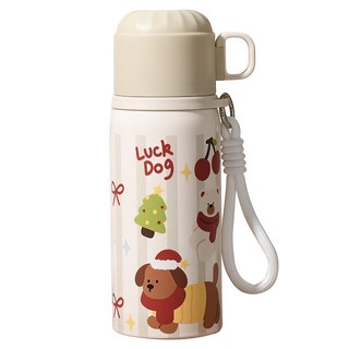 Couselect 316不鏽鋼雙飲蓋便攜吸管水壺/保溫杯 可愛卡通款, 奶油白, 1個, 450ml