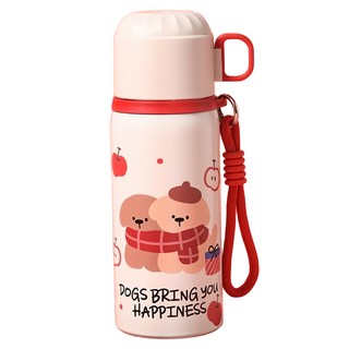 Couselect 316不鏽鋼雙飲蓋便攜吸管水壺/保溫杯 可愛卡通款, 蘋果紅, 1個, 450ml