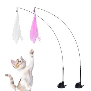펫츠몬 고양이 흡착고정 깃털 낚싯대 2종 세트, 1세트, 화이트, 핑크