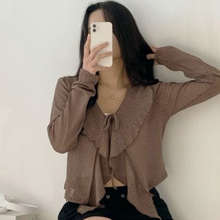 Lalaon 女款透膚柔美修身短版荷葉邊開襟衫 25TSP3447