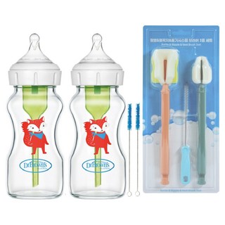 닥터브라운 신생아용 와이드넥 유리젖병 데코 270ml x 2p 2단계 + 젖병브러쉬 3종 세트, 혼합색상, 1세트
