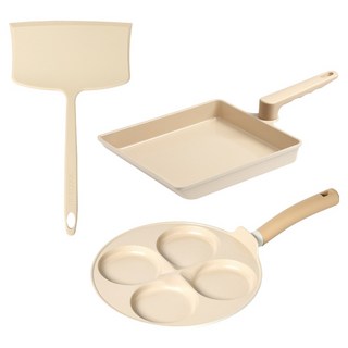 Truecook 電磁爐IH大型陶瓷矽膠玉子燒鍋3件組, 巨型玉子燒鍋 + 巨型鍋鏟 + 4格雞蛋煎鍋, 1套, 米色