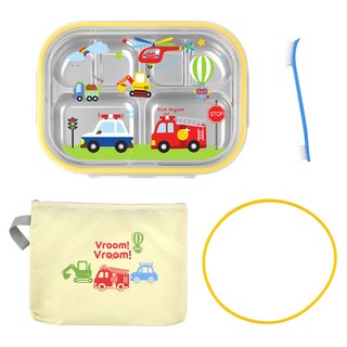 키친유 부릉부릉 스텐 식판도시락 + 가방 + 실리콘패킹 + 세척솔 세트 4찬, 혼합색상, 1세트, 도시락 + 가방 + 실리콘패킹 + 세척솔