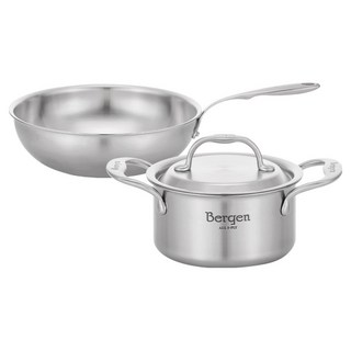 HANIL STAINLESS STEEL 電磁爐用全五層Bergen雙耳鍋具組, 不鏽鋼, 1套, 雙耳鍋 14cm + 中式炒鍋 26cm