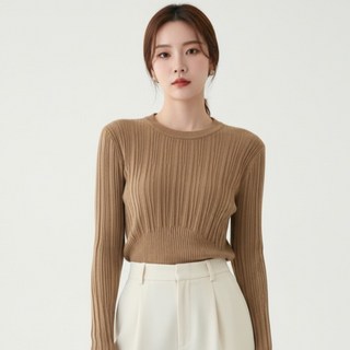 Goodif 女款修飾腰線羅紋針織圓領長袖毛衣