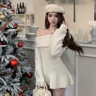 PEONIST 約會款針織露肩傘狀迷你連身裙, 象牙白