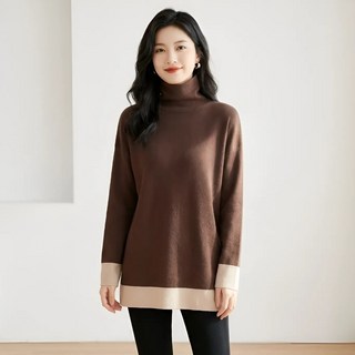 Goodif 女款感性撞色高領隨性穿搭風長版T恤