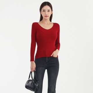 Elsso 女款日常換季V領羅紋修身內搭長袖針織T恤