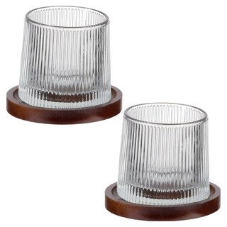 플라라 회전형 글라스 언더락 롤링 위스키잔 + 코스터 세트 플리츠, 2세트