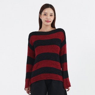 Elsso 女款網眼條紋寬鬆版長袖針織衫