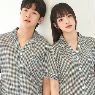 도씨 커플용 체크 카라 반팔 잠옷 상하의 세트