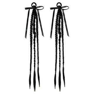 綁帶式三股辮雙馬尾造型假髮片, 黑色, 2個