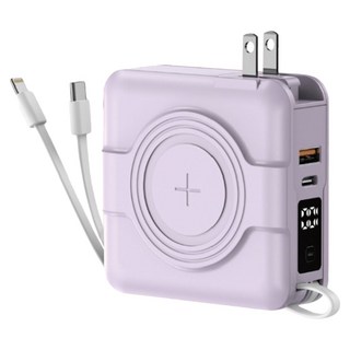 ASPOR 20W四孔輸出 MagSafe無線充電+PD快充五合一+自帶線行動電源 A338 6000mAh, 紫色