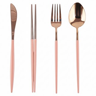 SSUEIM Mariebel系列 不鏽鋼餐具4件組, 湯匙 + 筷子 + 叉子 + 刀子, 粉紅色, 1組