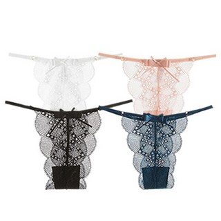 蕾絲透視丁字褲 4件組, 黑色、白色、粉色、鈷藍色