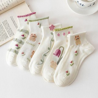 Peppermints 女性鬱金香圖案滾邊角色刺繡短襪 5雙組 10321