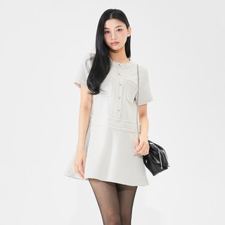 MIXXO 女款短袖粗花呢連身裙, 象牙白