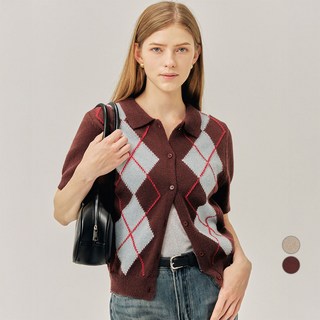 여성용 폭닥 헤어리얀 아가일 카라 반팔 버튼업 가디건