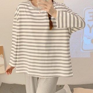 Elsso 女性日常條紋長袖上衣+下身家居服套裝