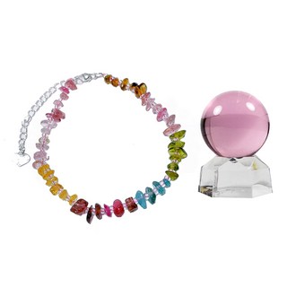 彩虹碧璽手鍊 + 粉水晶琉璃球套裝, 彩虹碧璽+粉水晶, 手圍 16~20cm (可調整)