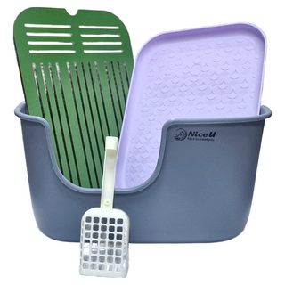 Nice u 毛樂趣 凹型大開口貓砂盆 + 落砂墊 附貓砂鏟, 貓砂盆56 x 40 x 30cm + 落砂墊55 x 36cm, 丁香海鹽, 1組