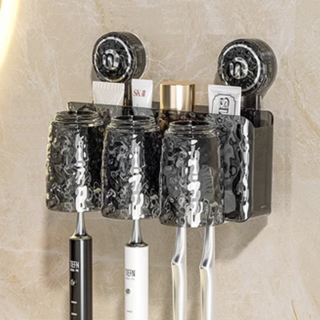 吸盤牙刷置物架, 三杯, 透明/透黑, 單人/雙人/三人/四人, 1個