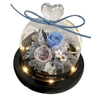 FLORA FLOWER 永生花愛心玻璃罩夜燈 海洋之歌 植物花材 松木夜燈底座, 藍灰色