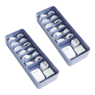 Couselect 多功能分格線材收納盒 附魔鬼氈綁帶, 2個, 藍色