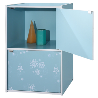 EASYHOME 花系列兩層兩門收納櫃, 彩色花紋, 塑合板+纖維板, 42 x 28.5 x 60cm, 藍色