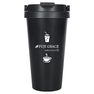 FUJI-GRACE 富士雅麗 304不鏽鋼雙效咖啡杯, 食品用不鏽鋼, 防燙杯直飲口, 500ml, 附手提, 防撞防滑墊設計, 黑色, 1個