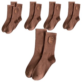 好棉 刺繡 C字中筒襪 Set 6雙, 90%棉質 彈性纖維, 大地色系, 深咖, 適用22~25cm