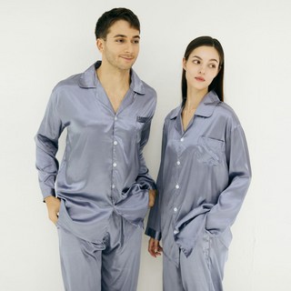 TERAWOOD 情侶款 Breeze 絲滑翻領長袖睡衣上下套裝