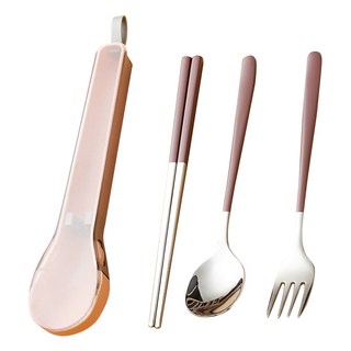 彈跳便攜餐具組 小體積盒裝 方便隨手收納, 粉銀色, 筷子 + 湯匙 + 叉子, 1組