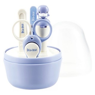 KU.KU Duckbill 酷咕鴨 寶貝蛋修容組, LED夜光耳扒, 安全剪刀, 指甲剪, 指甲銼刀, 鑷夾, 六個月以上寶寶適用, 藍色, 1組
