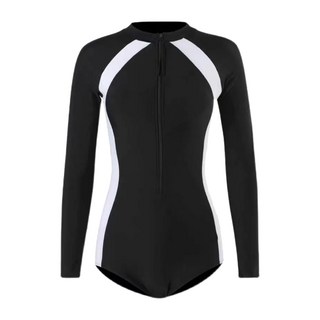 成人拉鍊連體泳衣，長袖，M-2XL尺碼, XXL, 黑底白條