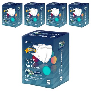 BLUE EAGLE 藍鷹牌 成人N95立體型醫用口罩 鼻樑壓條款, 花青綠, 50片, 5盒