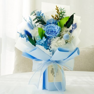 코멧 로맨틱 생화 프리저브드 꽃다발 + 쇼핑백, 블루
