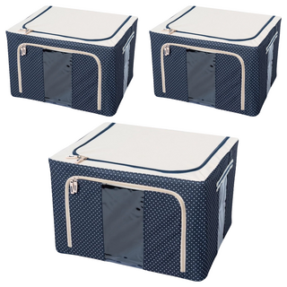小麥購物 大容量防潑水牛津布雙門單視窗衣物鐵架收納箱 66L, 藍點, 3個