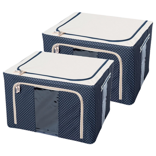 小麥購物 大容量防潑水牛津布雙門單視窗衣物鐵架收納箱 66L, 藍點, 2個