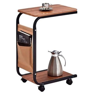 德利生活 沙發邊桌 帶輪款 胡桃色 雙層置物