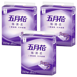 五月花 絲滑柔可沖面紙 3層, 8包, 3袋