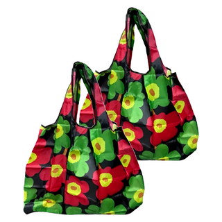 厚實環保購物袋 黑底綠花朵 加密牛津布材質 展開尺寸58x40x26cm 產品承重15-20KG, 黑底綠花朵 黑色, 2個