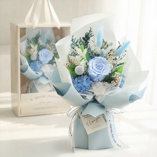 뷰티풀데코센스 생화 프리저브드 꽃다발 + 쇼핑백, 블루, 21.5 x 37 cm