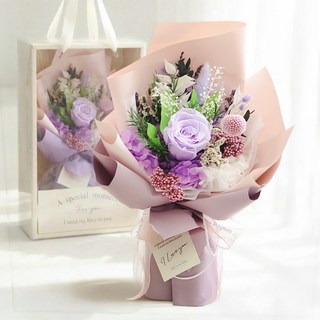 뷰티풀데코센스 생화 프리저브드 꽃다발 + 쇼핑백, 퍼플, 21.5 x 37 cm