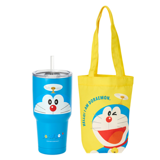 Hiromimi 哆啦A夢 304不鏽鋼冰霸杯袋3件組 900ml 竹蜻蜓款, 1組, 藍色 + 黃色