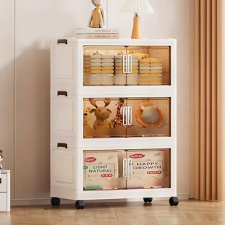 7822 Shop 生活選物 雙開門收納櫃 磁吸折疊收納 附輪子 3層, 透明, 1個